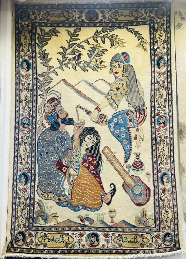 Omar Khayyam Wool & Silk Rug Oriental Carpet Pictorial Wallhanging Hand Knotted 6'x4' - Image 2