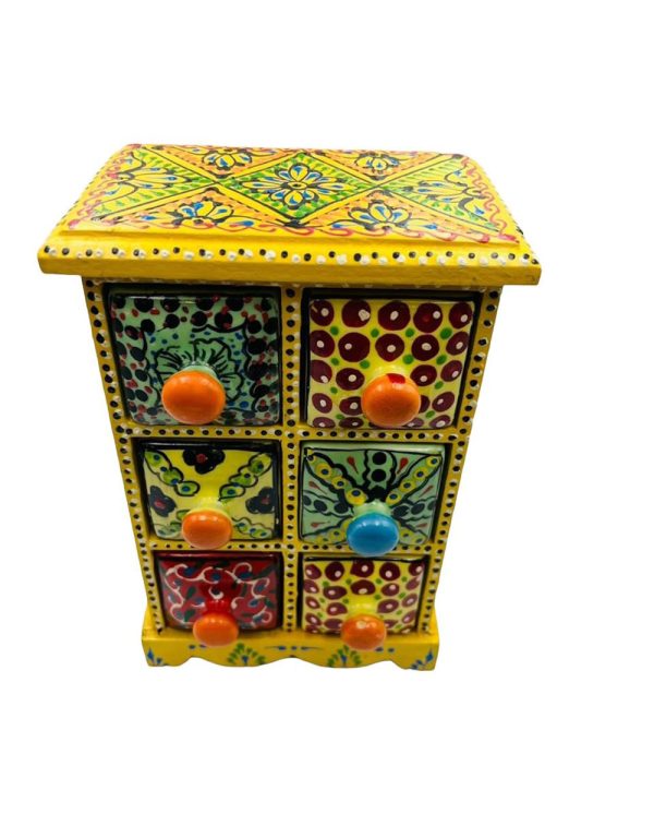 Spice Box Handmade Wooden and Ceramic 6 Drawer Yellow