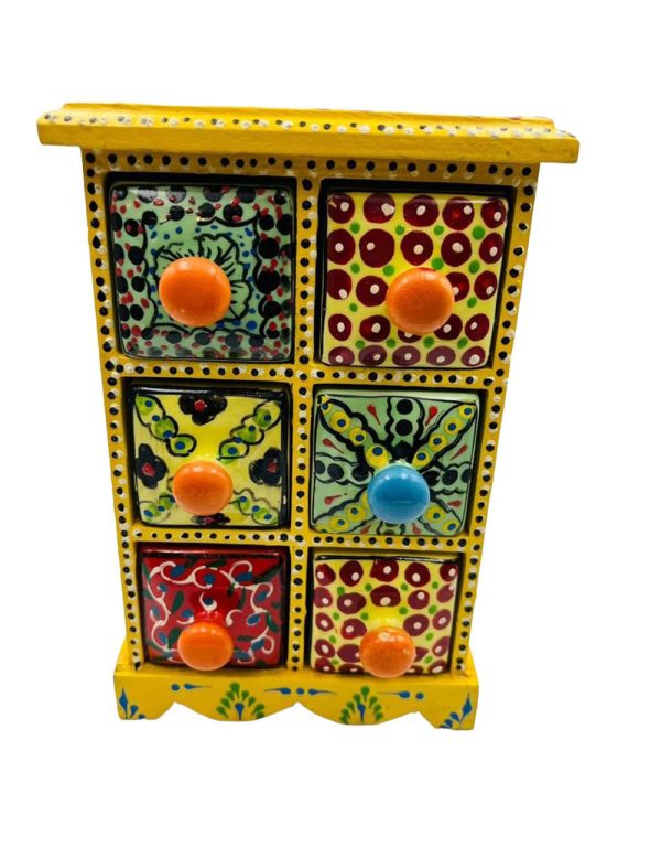 Spice Box Handmade Wooden and Ceramic 6 Drawer Yellow - Image 2