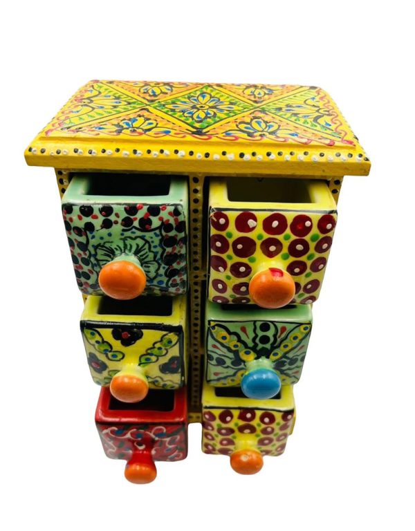 Spice Box Handmade Wooden and Ceramic 6 Drawer Yellow - Image 3